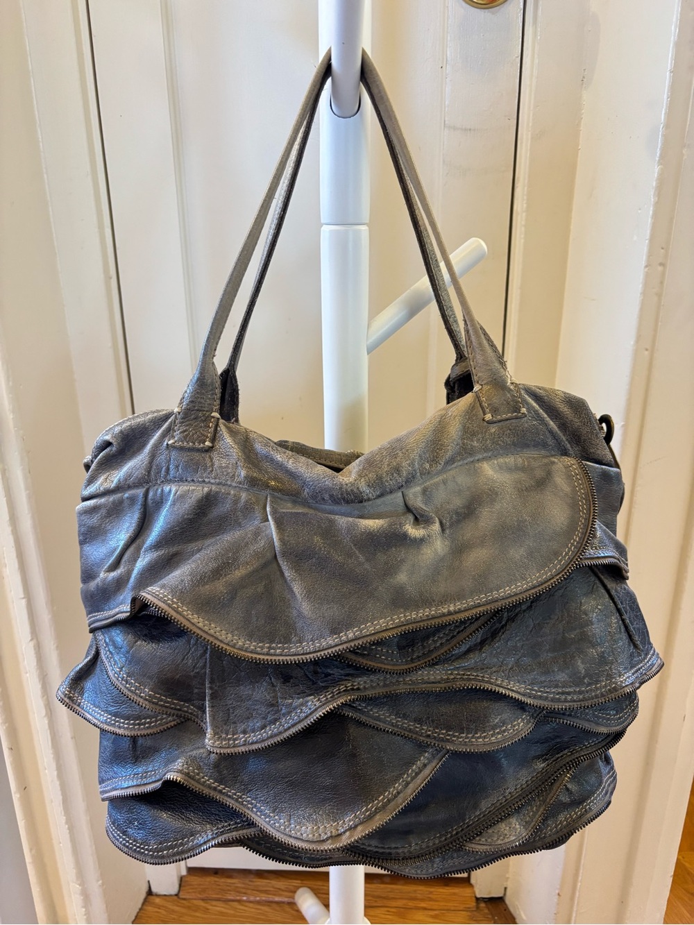 Leather Ruffle Shoulder Bag with Zipper Accents in Distressed Blue/Gray